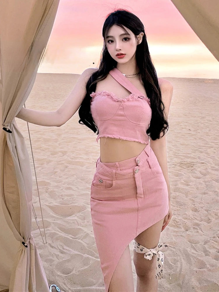 IMIEMIE Hmsevenjz Sweet Hot Gilr Two-Piece Set Suit Women 2024 Summer New Fashion Pink Denim Tube Top Slender Skirt Asymmetrical Suits