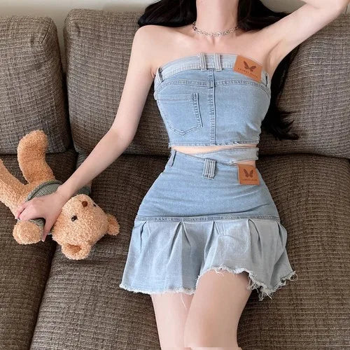 IMIEMIE Hot Girls Denim Suit Women's Short Sexy Slim Denim Strapless Top 2024 Summer New High Waist Skirt Two-piece Set Female Clothes