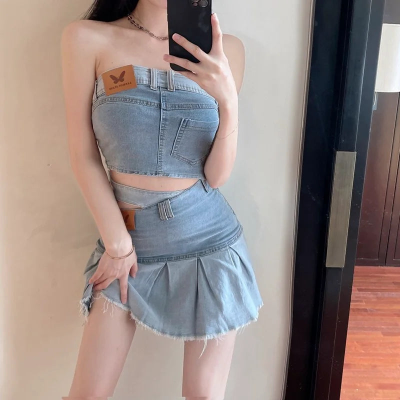 IMIEMIE Hot Girls Denim Suit Women's Short Sexy Slim Denim Strapless Top 2024 Summer New High Waist Skirt Two-piece Set Female Clothes