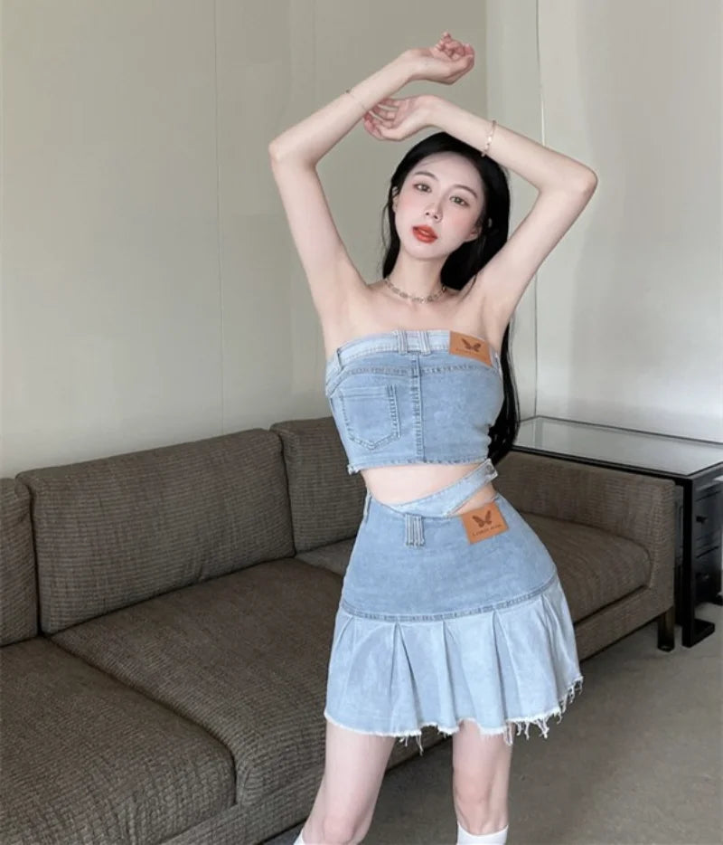 IMIEMIE Hot Girls Denim Suit Women's Short Sexy Slim Denim Strapless Top 2024 Summer New High Waist Skirt Two-piece Set Female Clothes