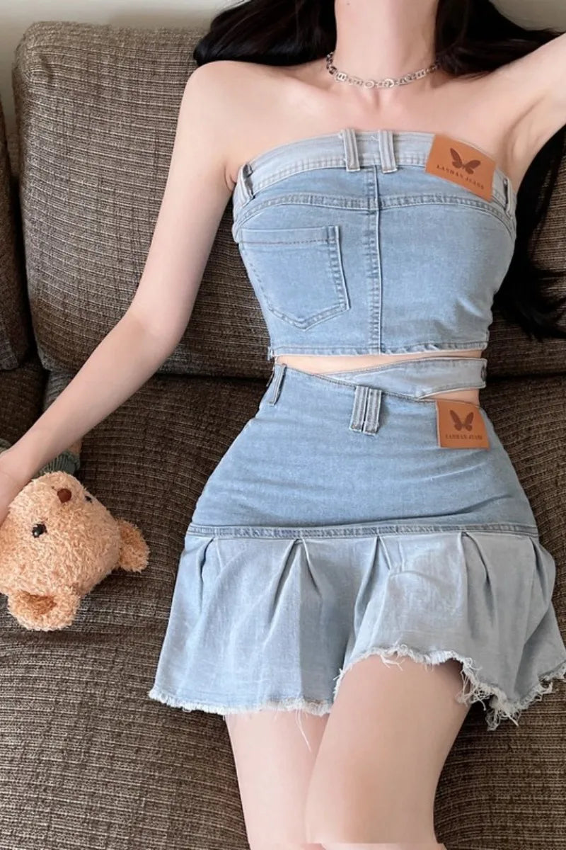 IMIEMIE Hot Girls Denim Suit Women's Short Sexy Slim Denim Strapless Top 2024 Summer New High Waist Skirt Two-piece Set Female Clothes