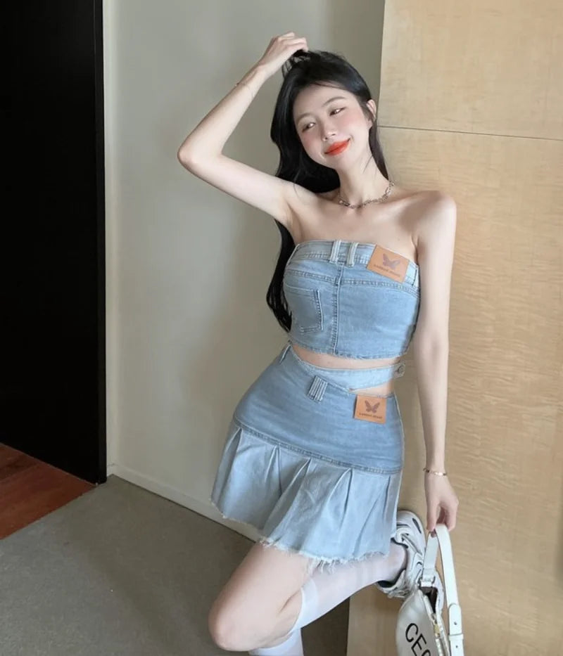 IMIEMIE Hot Girls Denim Suit Women's Short Sexy Slim Denim Strapless Top 2024 Summer New High Waist Skirt Two-piece Set Female Clothes