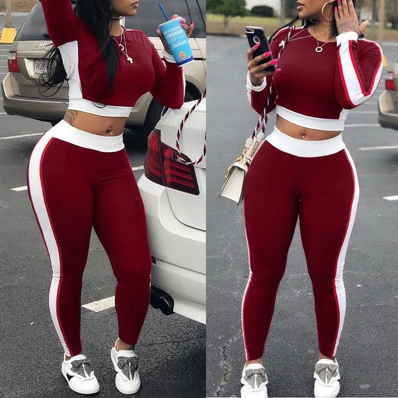 IMIEMIE Hot Sale Autumn Spring Women Two Pieces Casual Tracksuit Side-striped Crop Tops Ankle-length Pants Sportwear Set NEW S-XL