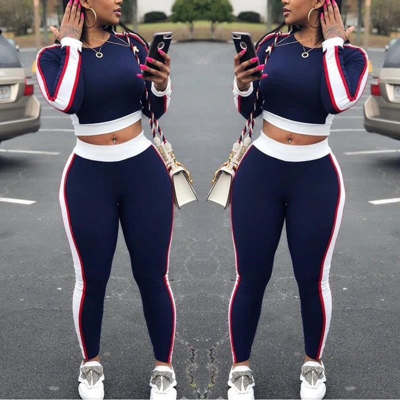 IMIEMIE Hot Sale Autumn Spring Women Two Pieces Casual Tracksuit Side-striped Crop Tops Ankle-length Pants Sportwear Set NEW S-XL