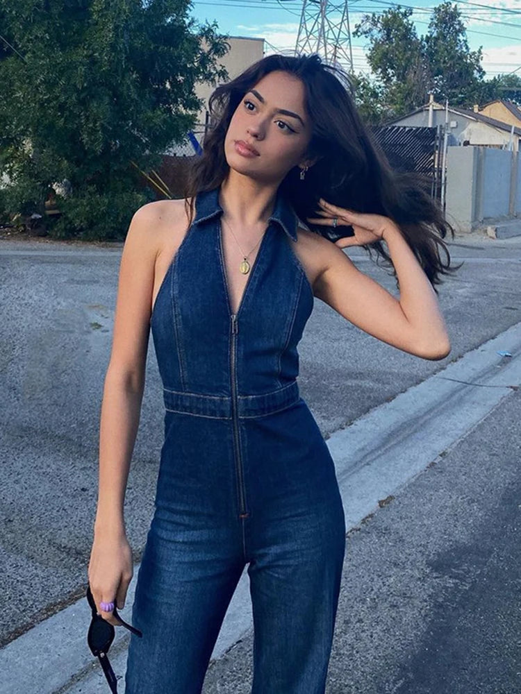 IMIEMIE Hugcitar Denim Jumpsuit V Neck Zipper Bell Sleeveless Sexy Outifts Elegant Backpacker  Party Summer 2024