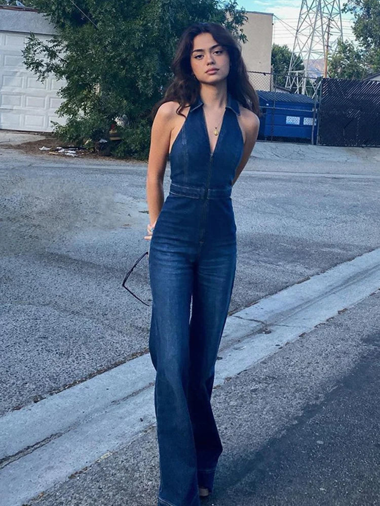 IMIEMIE Hugcitar Denim Jumpsuit V Neck Zipper Bell Sleeveless Sexy Outifts Elegant Backpacker  Party Summer 2024