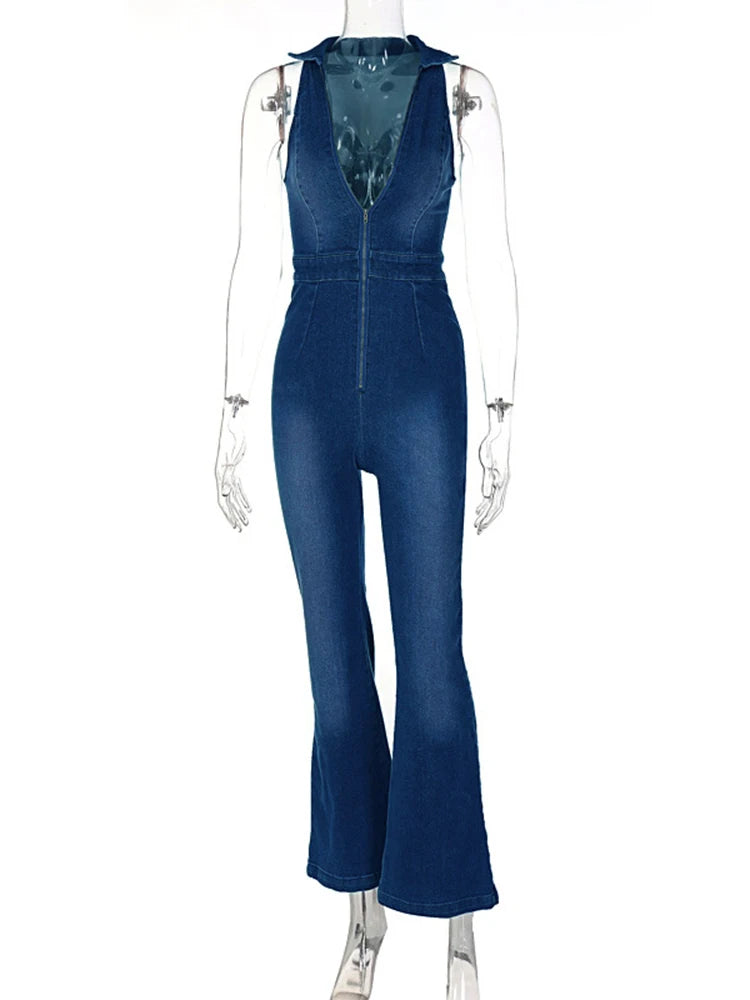 IMIEMIE Hugcitar Denim Jumpsuit V Neck Zipper Bell Sleeveless Sexy Outifts Elegant Backpacker  Party Summer 2024