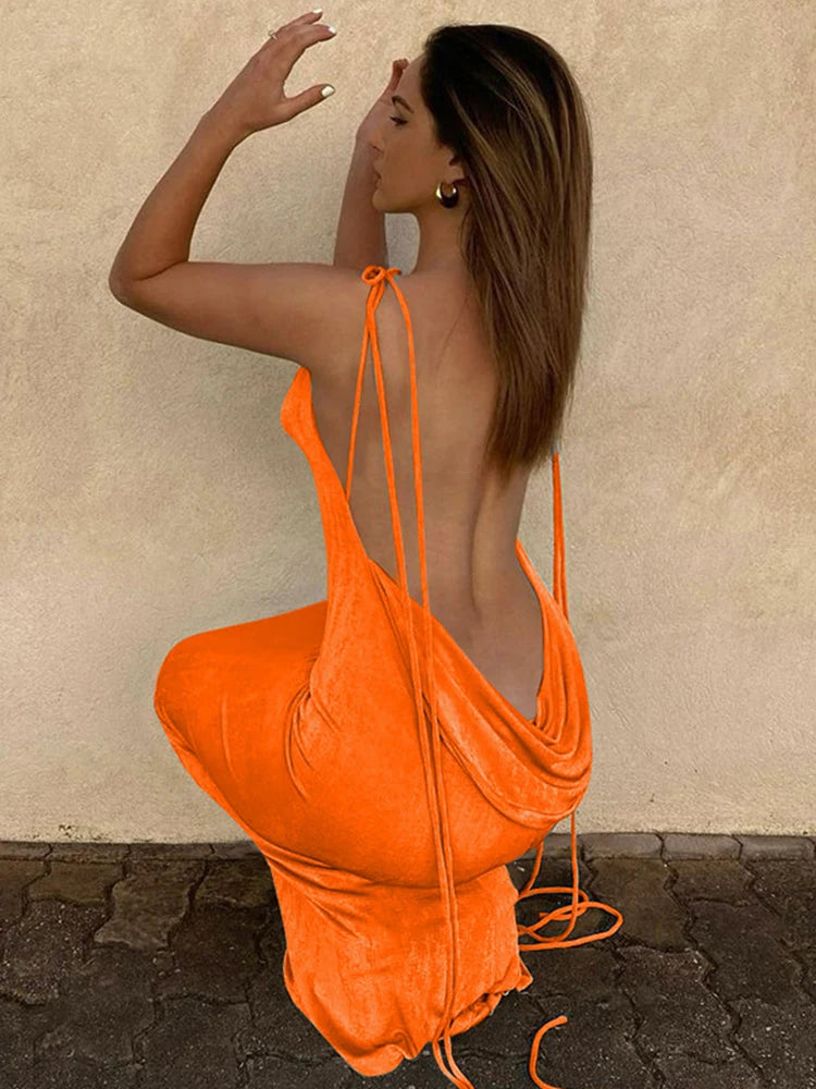 IMIEMIE Hugcitar Swing Collar Backless Sleeveless Drawstrings Hollow Out Slit Sexy Maxi Prom Dress 2024 Summer Women Party Y2K Robe