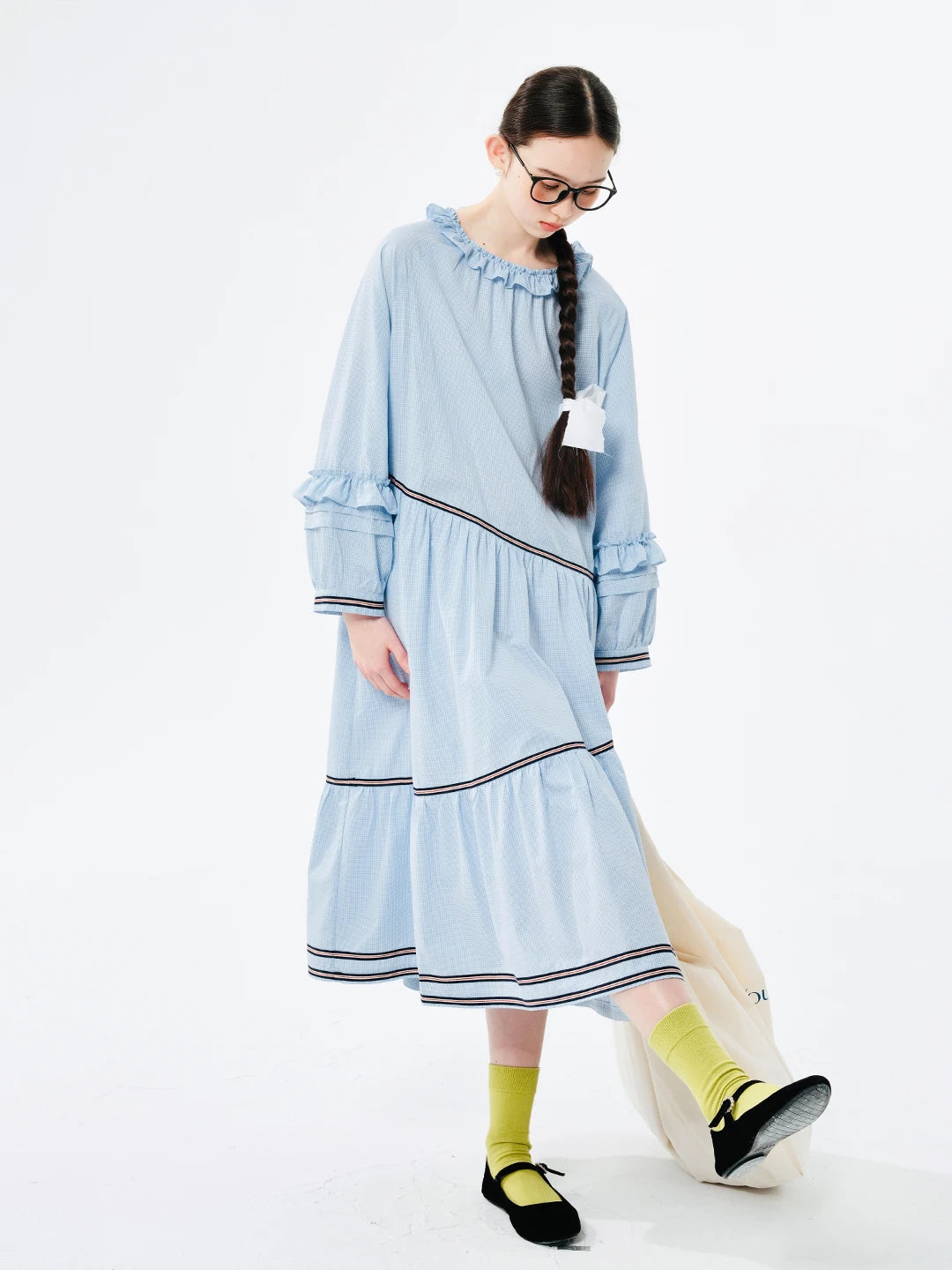 IMIEMIE IMAKOKONI original design blue long-sleeved round neck pullover lace splicing mid-length dress 244520