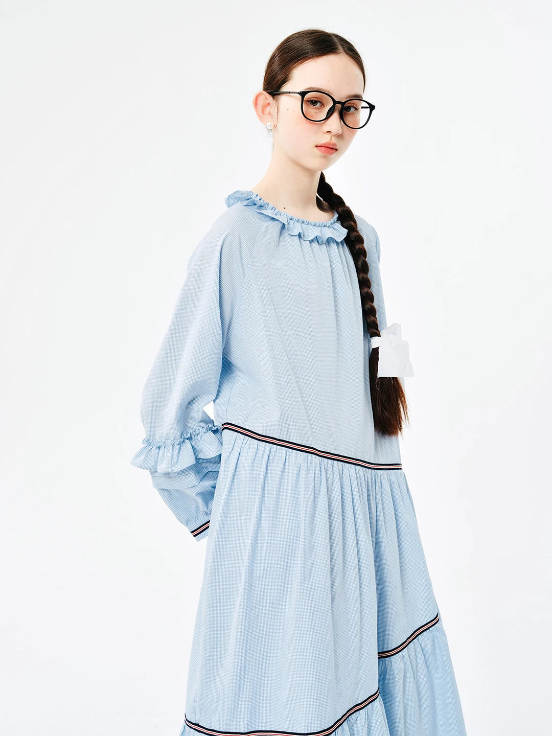 IMIEMIE IMAKOKONI original design blue long-sleeved round neck pullover lace splicing mid-length dress 244520