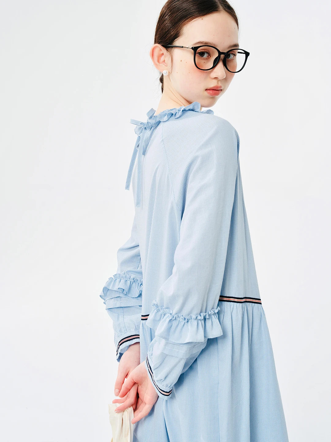 IMIEMIE IMAKOKONI original design blue long-sleeved round neck pullover lace splicing mid-length dress 244520