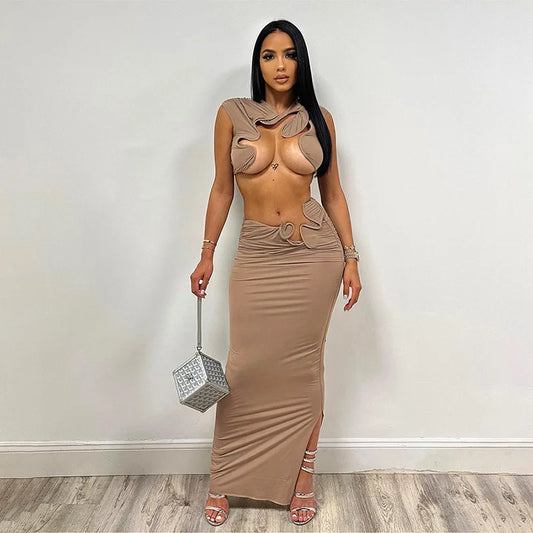 IMIEMIE Irregular Sexy Hot Skirts Set Women Solid Sleeveless Crop Top Bodycon Maxi Skirts Matching Set 2024 Summer Sexy Club 2 Piece Set