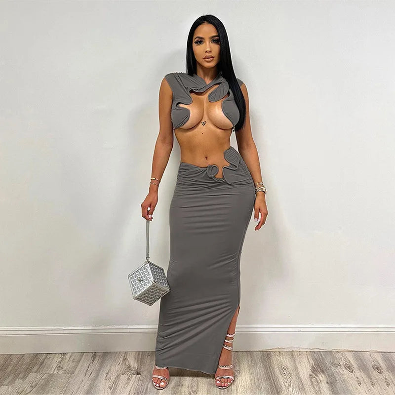 IMIEMIE Irregular Sexy Hot Skirts Set Women Solid Sleeveless Crop Top Bodycon Maxi Skirts Matching Set 2024 Summer Sexy Club 2 Piece Set