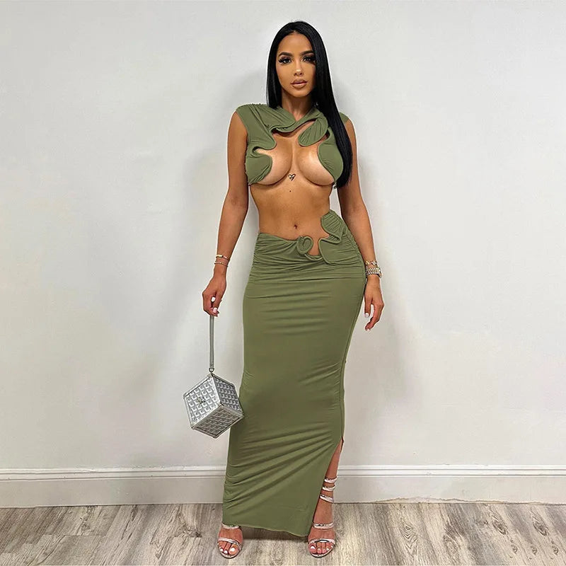 IMIEMIE Irregular Sexy Hot Skirts Set Women Solid Sleeveless Crop Top Bodycon Maxi Skirts Matching Set 2024 Summer Sexy Club 2 Piece Set