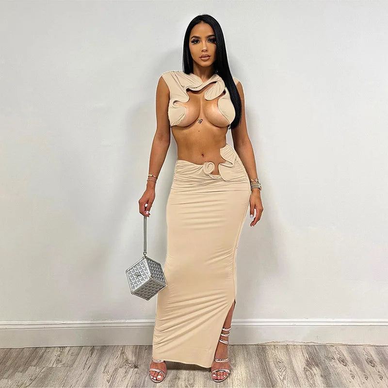 IMIEMIE Irregular Sexy Hot Skirts Set Women Solid Sleeveless Crop Top Bodycon Maxi Skirts Matching Set 2024 Summer Sexy Club 2 Piece Set