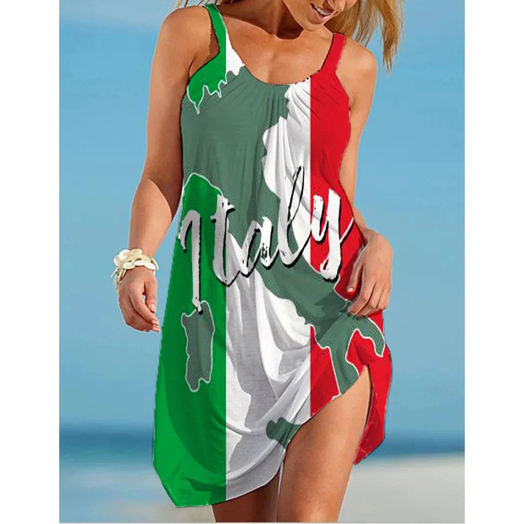 IMIEMIE Italy Flag Dress Women Fashion Beach Strap Dress Bohemian Sleeveless Midi Dresses Party Evening Elegant Sundress Portugal 2024