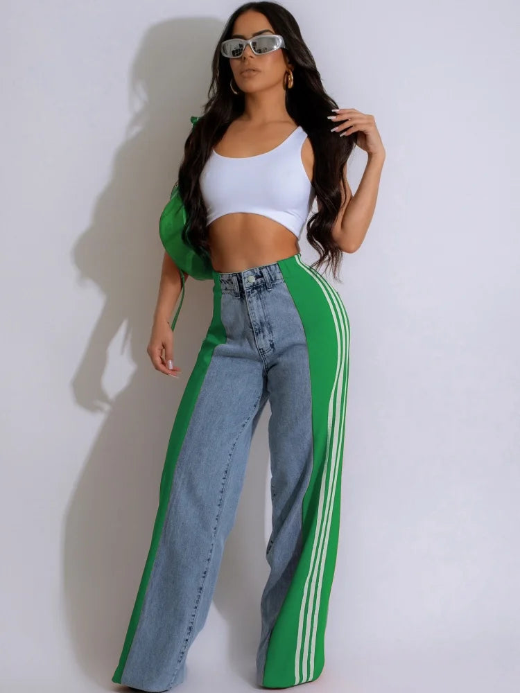 IMIEMIE JRRY Casual Women Striped Denim Pants Buttons Pockets Long Loose Three Stripes Jeans High Street Outdoor Denim Capris Trousers