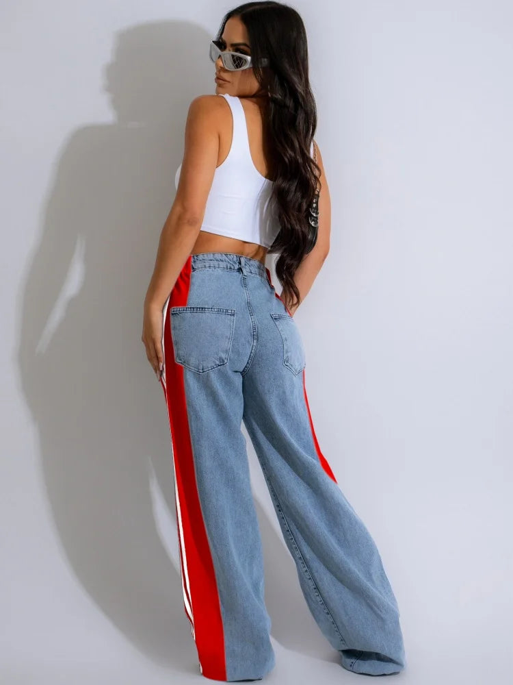 IMIEMIE JRRY Casual Women Striped Denim Pants Buttons Pockets Long Loose Three Stripes Jeans High Street Outdoor Denim Capris Trousers