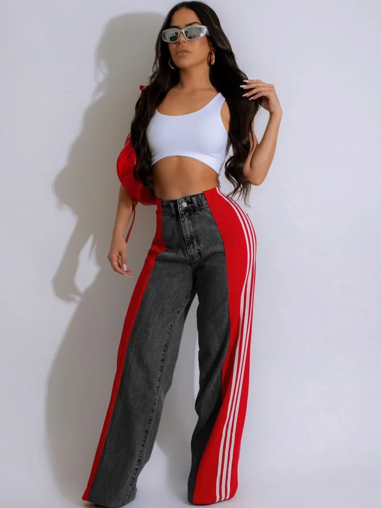 IMIEMIE JRRY Casual Women Striped Denim Pants Buttons Pockets Long Loose Three Stripes Jeans High Street Outdoor Denim Capris Trousers