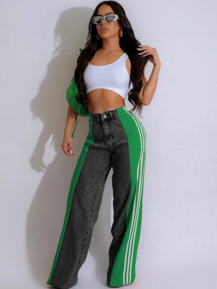 IMIEMIE JRRY Casual Women Striped Denim Pants Buttons Pockets Long Loose Three Stripes Jeans High Street Outdoor Denim Capris Trousers