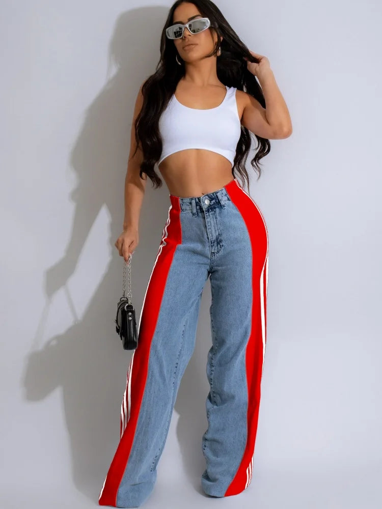 IMIEMIE JRRY Casual Women Striped Denim Pants Buttons Pockets Long Loose Three Stripes Jeans High Street Outdoor Denim Capris Trousers