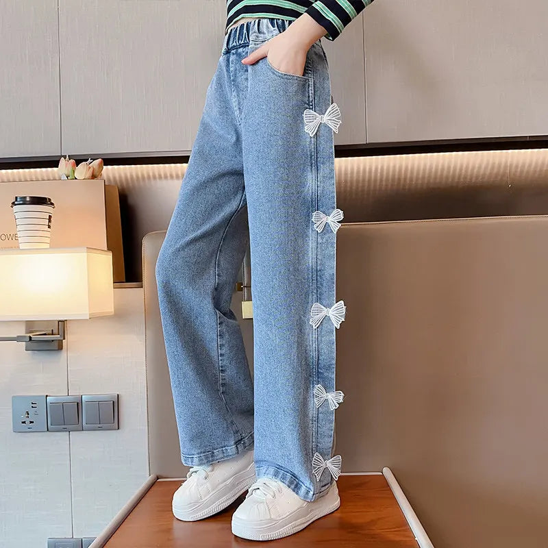 IMIEMIE Jeans for Girls Fashion Clothes for Teenagers Solid Loose Kids Wide Leg Pants with Butterfly Children Trousers Girl Clothing 14Y