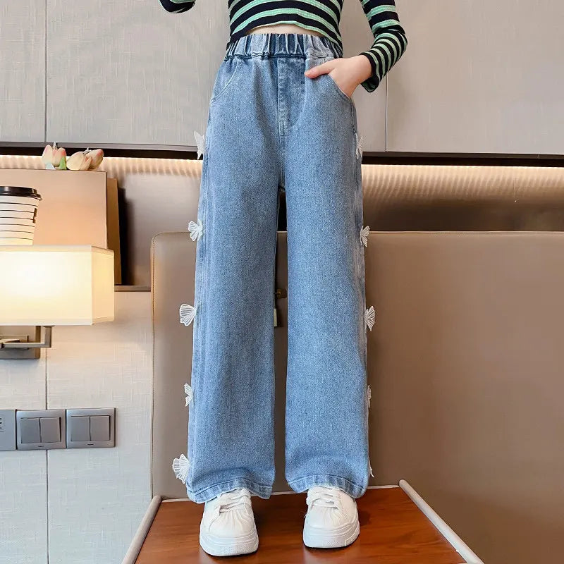 IMIEMIE Jeans for Girls Fashion Clothes for Teenagers Solid Loose Kids Wide Leg Pants with Butterfly Children Trousers Girl Clothing 14Y