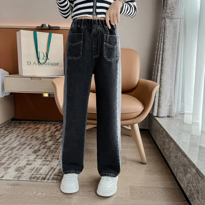 IMIEMIE Jeans for Girls Fashion Clothes for Teenagers Solid Loose Kids Wide Leg Pants with Butterfly Children Trousers Girl Clothing 14Y