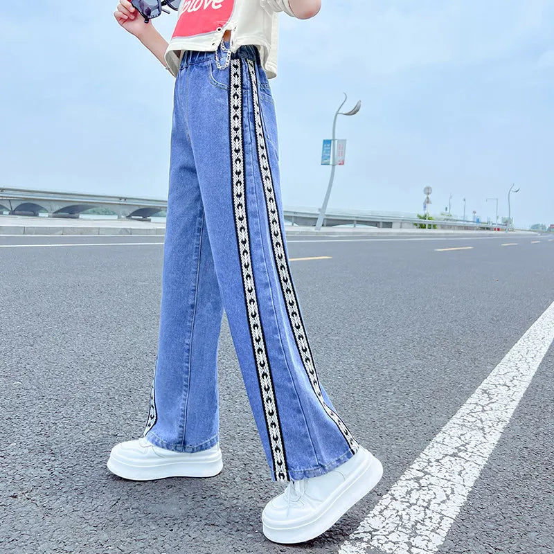 IMIEMIE Jeans for Girls Fashion Clothes for Teenagers Solid Loose Kids Wide Leg Pants with Butterfly Children Trousers Girl Clothing 14Y