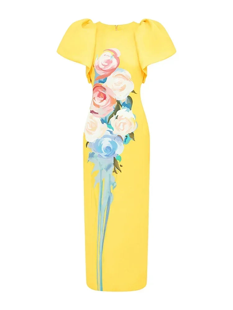 IMIEMIE Jennifer Flower Printed Yellow Dress for Women Round Neck Short Puff Sleeve Straight Dress Maxi Dresses for Women 2024