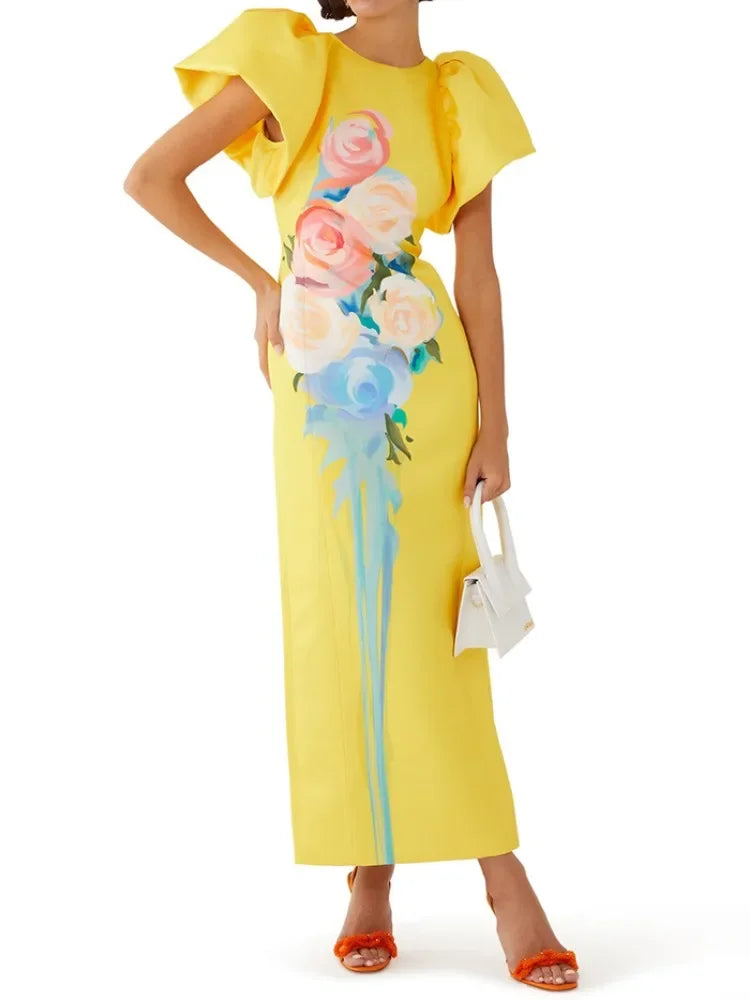 IMIEMIE Jennifer Flower Printed Yellow Dress for Women Round Neck Short Puff Sleeve Straight Dress Maxi Dresses for Women 2024