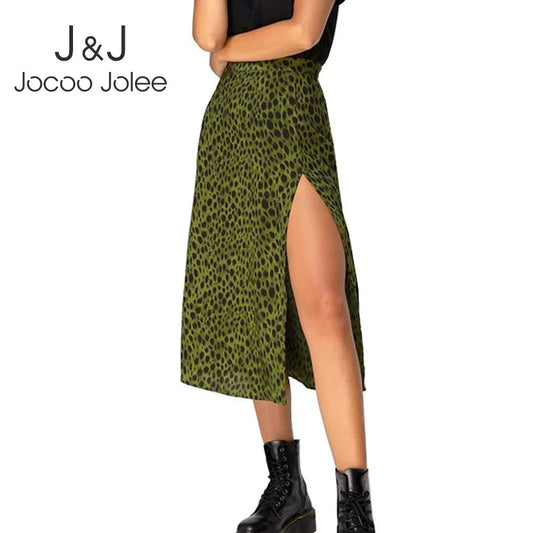 IMIEMIE Jocoo Jolee Elegant Leopard Floral Printing Long Skirt Women Sexy High Waist Split Midi Skirts Office Lady Bodycon A Line Skirts