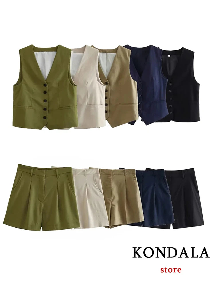 IMIEMIE KONDALA Casual Linen Women Suits 2 Pieces V Neck Buttons Vest Blazer+High Waist Wide Leg Shorts Fashion 2024 Summer Vintage Sets