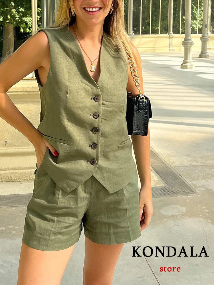 IMIEMIE KONDALA Casual Linen Women Suits 2 Pieces V Neck Buttons Vest Blazer+High Waist Wide Leg Shorts Fashion 2024 Summer Vintage Sets