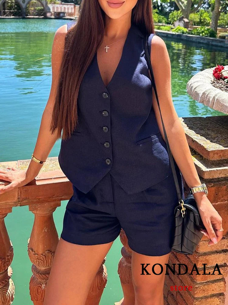 IMIEMIE KONDALA Casual Linen Women Suits 2 Pieces V Neck Buttons Vest Blazer+High Waist Wide Leg Shorts Fashion 2024 Summer Vintage Sets