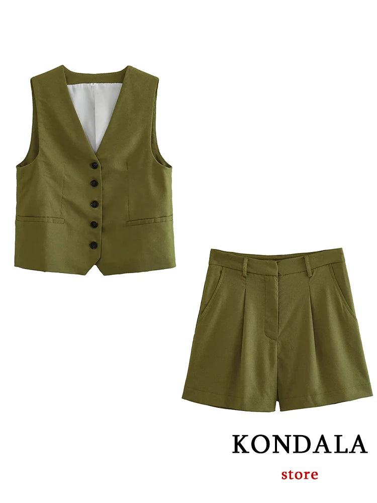 IMIEMIE KONDALA Casual Linen Women Suits 2 Pieces V Neck Buttons Vest Blazer+High Waist Wide Leg Shorts Fashion 2024 Summer Vintage Sets