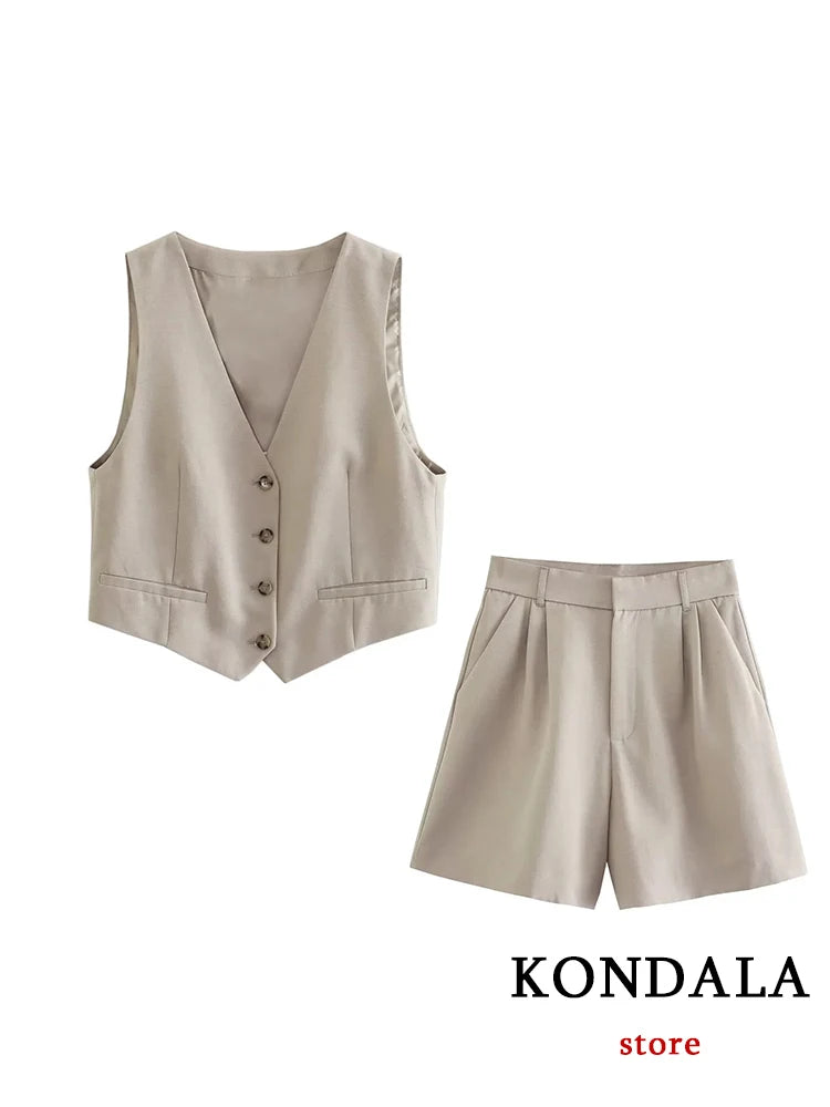 IMIEMIE KONDALA Casual Linen Women Suits 2 Pieces V Neck Buttons Vest Blazer+High Waist Wide Leg Shorts Fashion 2024 Summer Vintage Sets