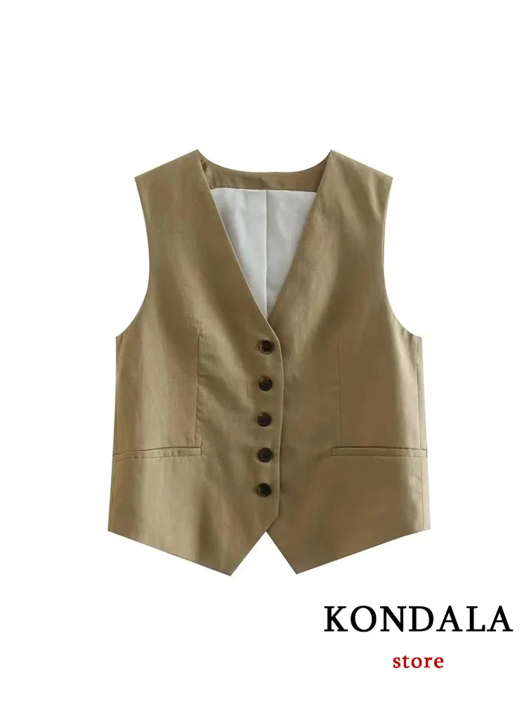 IMIEMIE KONDALA Casual Linen Women Suits 2 Pieces V Neck Buttons Vest Blazer+High Waist Wide Leg Shorts Fashion 2024 Summer Vintage Sets