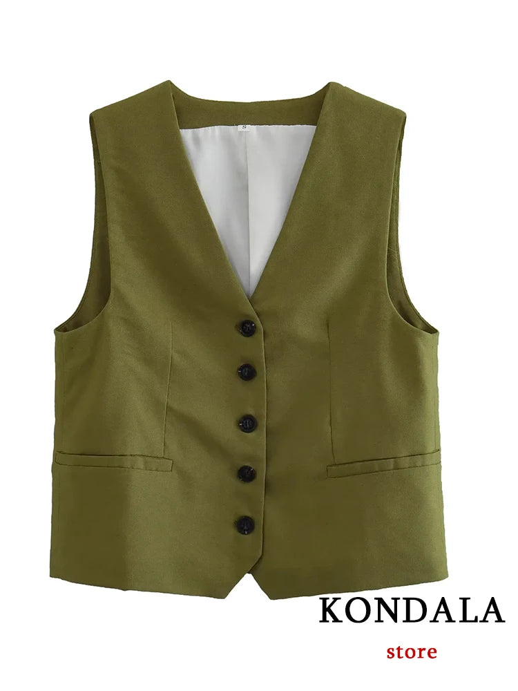 IMIEMIE KONDALA Casual Linen Women Suits 2 Pieces V Neck Buttons Vest Blazer+High Waist Wide Leg Shorts Fashion 2024 Summer Vintage Sets