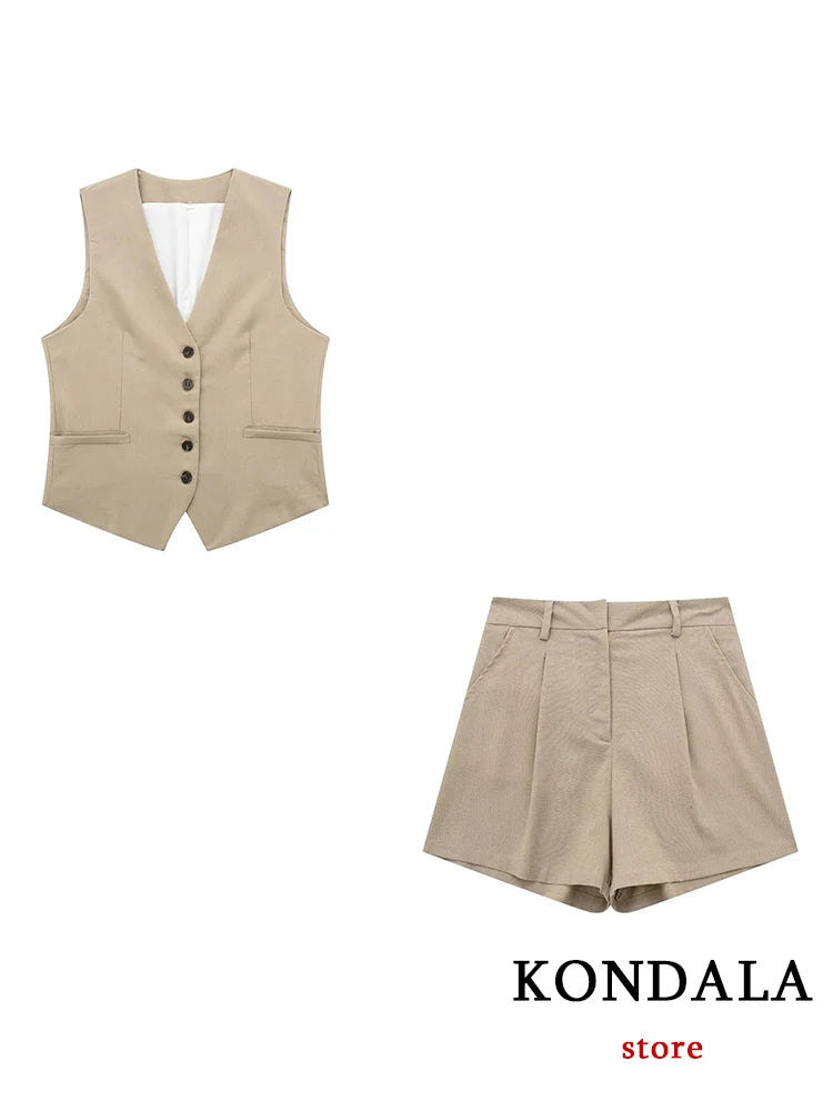 IMIEMIE KONDALA Casual Linen Women Suits 2 Pieces V Neck Buttons Vest Blazer+High Waist Wide Leg Shorts Fashion 2024 Summer Vintage Sets