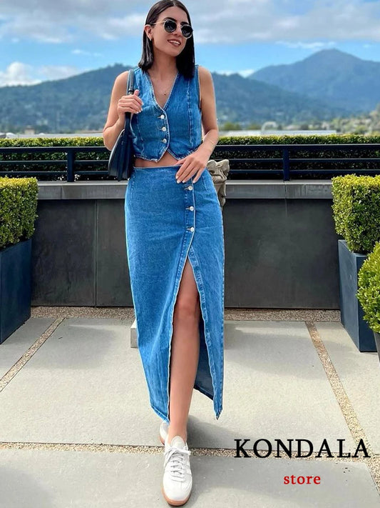 IMIEMIE KONDALA Casual Vintage Solid Denim Women Suit Single Breasted Sleeveless Vest Long Straight Split Skirt Fashion 2024 Summer Sets