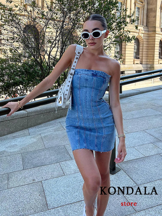 IMIEMIE KONDALA Sexy Blue Denim Sheath Mini Party Dress Women Y2K Street Style Jeans Tube Backless Bodycon Dress Fashion 2024 Vestidos