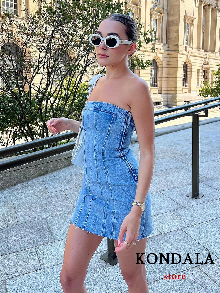 IMIEMIE KONDALA Sexy Blue Denim Sheath Mini Party Dress Women Y2K Street Style Jeans Tube Backless Bodycon Dress Fashion 2024 Vestidos