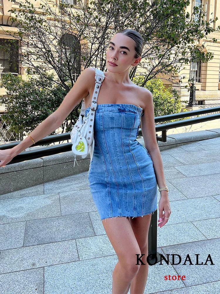 IMIEMIE KONDALA Sexy Blue Denim Sheath Mini Party Dress Women Y2K Street Style Jeans Tube Backless Bodycon Dress Fashion 2024 Vestidos