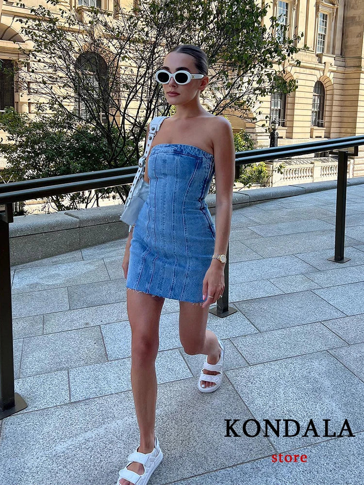 IMIEMIE KONDALA Sexy Blue Denim Sheath Mini Party Dress Women Y2K Street Style Jeans Tube Backless Bodycon Dress Fashion 2024 Vestidos