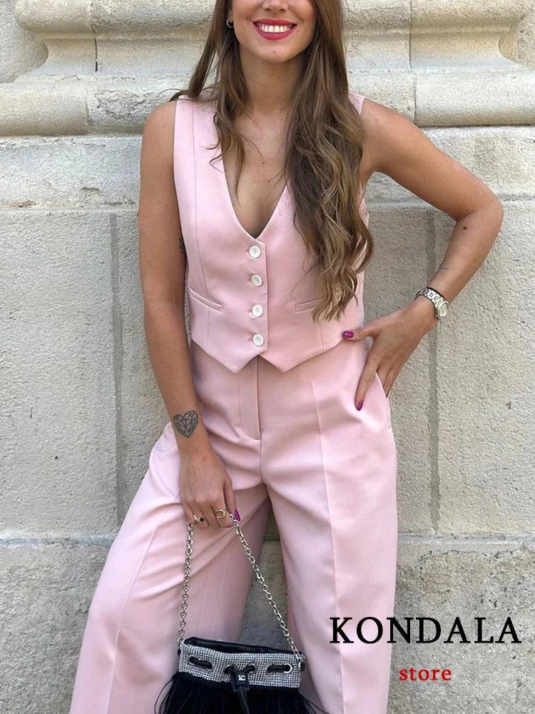 IMIEMIE KONDALA Vintage Solid Pink Vest Suit Women V Neck Buttons Sleeveless Blazer+High Waist Wide Leg Pants Fashion 2024 Summer Set