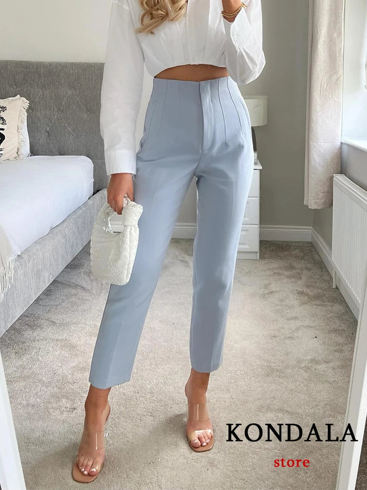 IMIEMIE KONDALA Women Light Blue Chic Fashion Office Wear Straight Pants Vintage High Waist Zipper Fly Female Trousers Fashion 2024