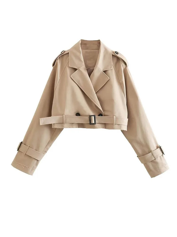 IMIEMIE Khaki Cropped Trench Women Long Sleeves Cropped Design Jacket Chic Lady High Street Casual Loose Coats Top Female 2024 New