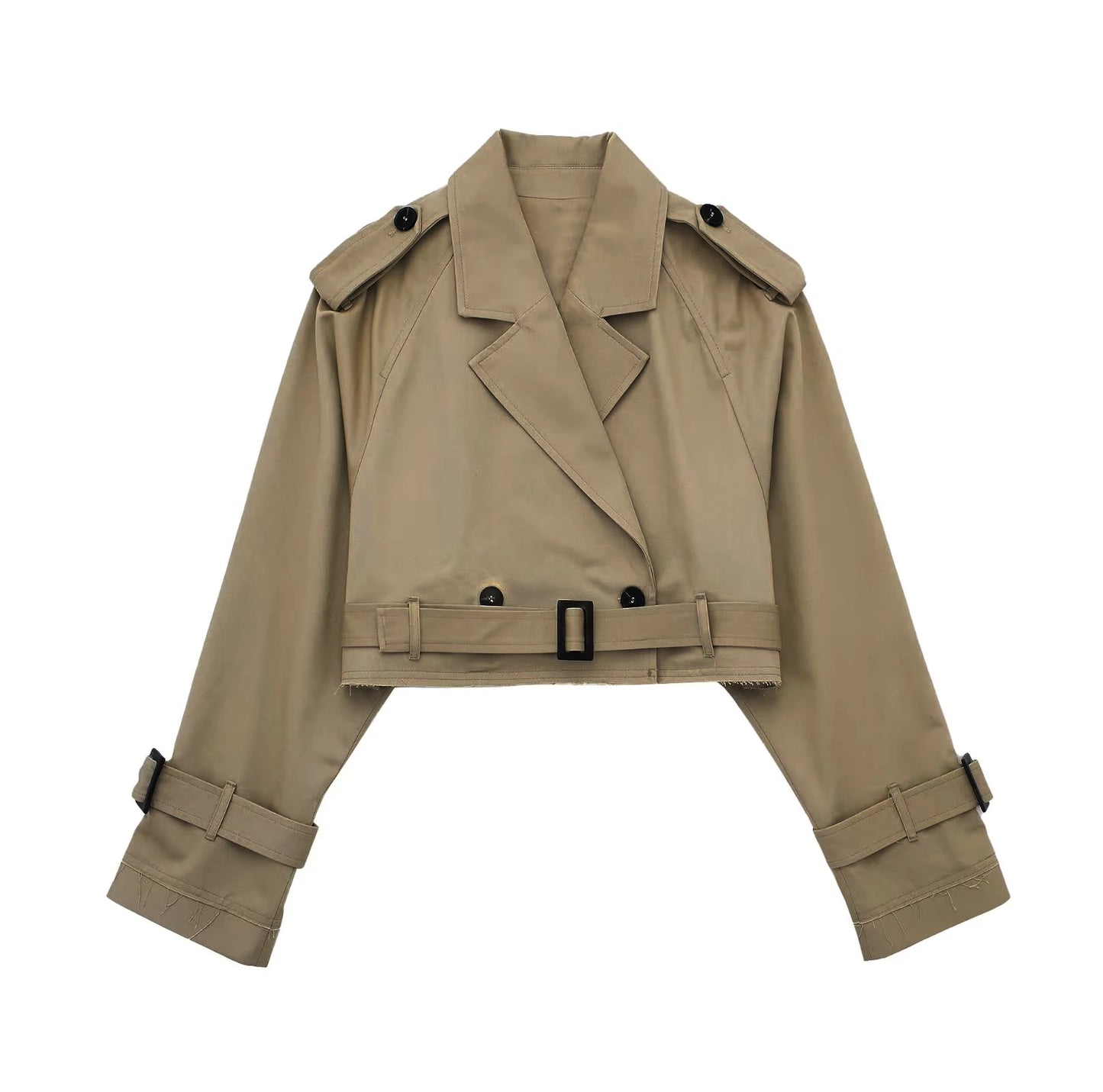 IMIEMIE Khaki Cropped Trench Women Long Sleeves Cropped Design Jacket Chic Lady High Street Casual Loose Coats Top Female 2024 New