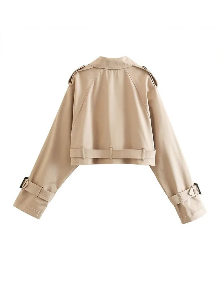 IMIEMIE Khaki Cropped Trench Women Long Sleeves Cropped Design Jacket Chic Lady High Street Casual Loose Coats Top Female 2024 New